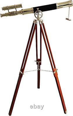 Double Barrel Vintage Telescope Shiny Brass Finish Wooden Brown Nautical Tripod