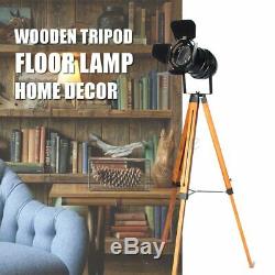 E27 Vintage Wooden Tripod Floor Lamp Spotlight Home Lighting Fixture Decoration