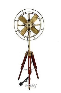 Electric Antique Pedestal Floor Fan Vintage Style With Wooden Tripod Stand Decor