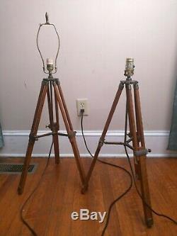 Exalsier Marine Nautical Wood Vintage Floor Lamp Wooden Tripod Stand Rare Pair