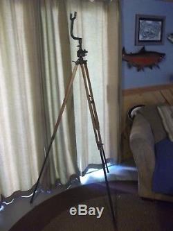 Exceptional vintage antique Industrial Military brass wood tripod transit stand