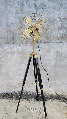 Floor Fan Brass Antique with Black Wooden Tripod Adjustable Height Home Decor