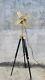 Floor Fan Brass Antique With Black Wooden Tripod Adjustable Height Home Decor