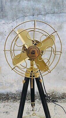 Floor Fan Brass Antique with Black Wooden Tripod Adjustable Height Home Decor