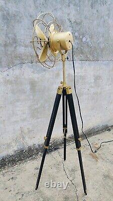 Floor Fan Brass Antique with Black Wooden Tripod Adjustable Height Home Decor