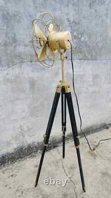 Floor Fan Brass Antique with Black Wooden Tripod Adjustable Height Home Decor