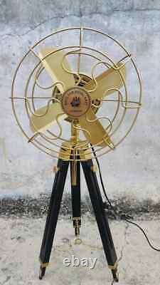 Floor Fan Brass Antique with Black Wooden Tripod Adjustable Height Home Decor