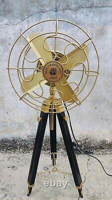 Floor Fan Brass Antique with Black Wooden Tripod Adjustable Height Home Decor