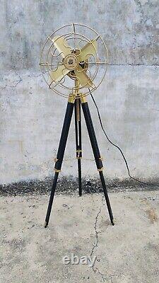 Floor Fan Brass Antique with Black Wooden Tripod Adjustable Height Home Decor