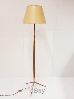 Floor Lamp Tripod Home Lunel 1950 Vintage Rockabilly Brass & Barrel Wood 50s