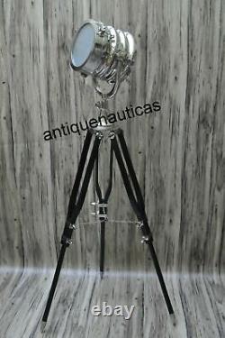 Floor Lamp Vintage Chrome Collectible Designer Spot Light Wooden Tripod Lamp