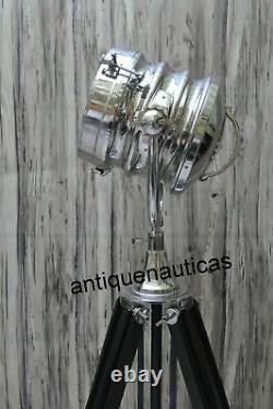 Floor Lamp Vintage Chrome Collectible Designer Spot Light Wooden Tripod Lamp