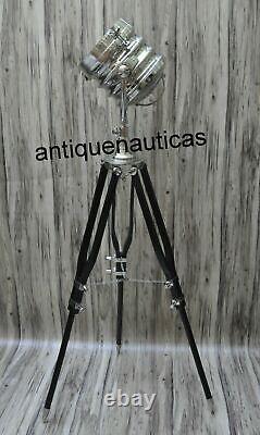 Floor Lamp Vintage Chrome Collectible Designer Spot Light Wooden Tripod Lamp