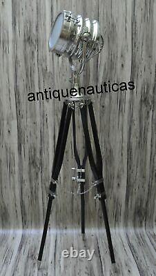 Floor Lamp Vintage Chrome Collectible Designer Spot Light Wooden Tripod Lamp