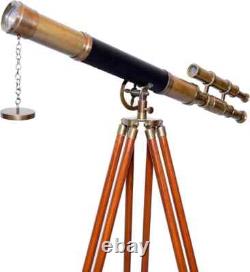 Floor Standing Antique Brass Telescope Double Barrel With Wooden Tripod Stand