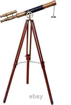 Floor Standing Antique Brass Telescope Double Barrel With Wooden Tripod Stand