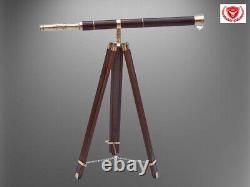 Floor Standing Brass & Wooden Telescope With Tripod Wood Stand Christmas Gift