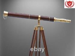 Floor Standing Brass & Wooden Telescope With Tripod Wood Stand Christmas Gift