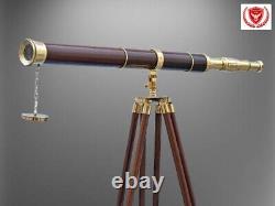 Floor Standing Brass & Wooden Telescope With Tripod Wood Stand Christmas Gift