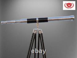 Floor Standing Chrome Telescope Leather 39 Nautical Brass With Wooden Tripod