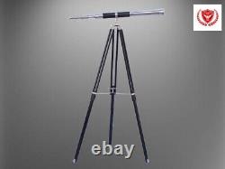 Floor Standing Chrome Telescope Leather 39 Nautical Brass With Wooden Tripod