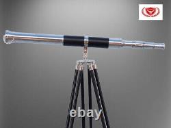 Floor Standing Chrome Telescope Leather 39 Nautical Brass With Wooden Tripod