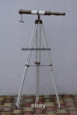 Floor Standing Nautical Brass Telescope White Leather Wooden Tripod Halloween