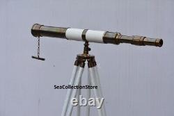 Floor Standing Nautical Brass Telescope White Leather Wooden Tripod Halloween