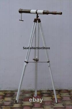 Floor Standing Nautical Brass Telescope White Leather Wooden Tripod Halloween