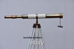 Floor Standing Nautical Brass Telescope White Leather Wooden Tripod Halloween