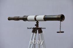 Floor Standing Nautical Brass Telescope White Leather Wooden Tripod Halloween