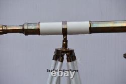 Floor Standing Nautical Brass Telescope White Leather Wooden Tripod Halloween