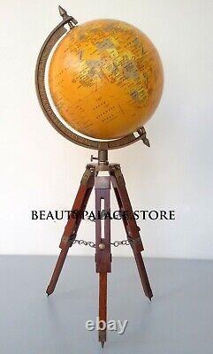 Globe World Map Wooden Tripod Stand Antique Nautical Table Ornament Office New