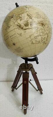 Globe World Tripod Map Stand Nautical Wooden Table Antique Decor Vintage Atlas