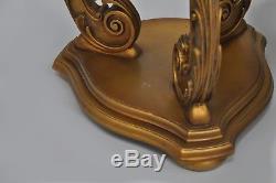 Gold Vintage Hollywood Regency Marble Round Top Side Table Tripod Wooden Base
