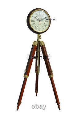 Grand Fathers Vintage Style Wooden Tripod Stand Clocks Desk Brass Antique Table