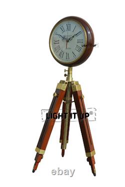 Grand Fathers Vintage Style Wooden Tripod Stand Clocks Desk Brass Antique Table