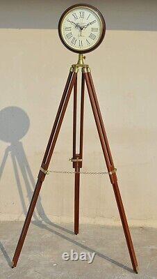 Grand Fathers Vintage Style Wooden Tripod Stand Clocks Desk Brass Antique Table