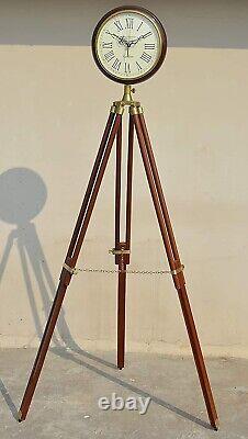 Grand Fathers Vintage Style Wooden Tripod Stand Clocks Desk Brass Antique Table