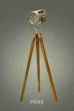 Halloween Vintage Brass Floor Spot Light With Wooden Tripod Stand Home Decor Lamp