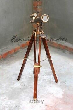 Handmade Antique Brass Nautical Double Barrel Telescope with Wooden Tripod Decor