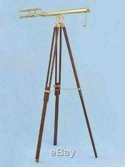 Handmade Brass Navy Telescope Double Barrel Vintage With Wooden Tripod Maritime