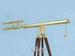 Handmade Brass Navy Telescope Double Barrel Vintage With Wooden Tripod Maritime