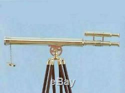 Handmade Brass Navy Telescope Double Barrel Vintage With Wooden Tripod Maritime