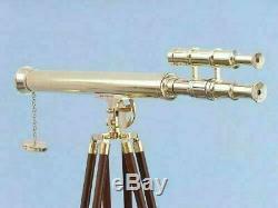 Handmade Brass Navy Telescope Double Barrel Vintage With Wooden Tripod Maritime