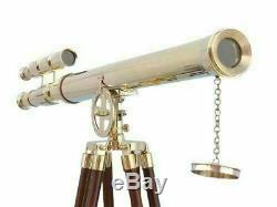 Handmade Brass Navy Telescope Double Barrel Vintage With Wooden Tripod Maritime