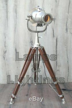 Handmade Home Spotlight Floor Lamp Decor. Wooden Hinds Tripod Aluminum Vintage
