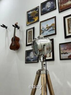 Handmade Industrial Vintage style wooden tripod with studio spotlight 177.8 cm b