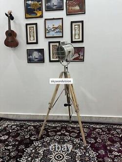 Handmade Industrial Vintage style wooden tripod with studio spotlight 177.8 cm b