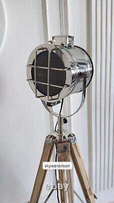 Handmade Industrial Vintage style wooden tripod with studio spotlight 177.8 cm b